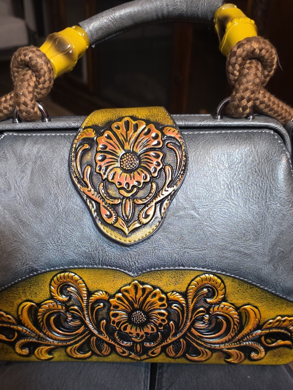 Hand-Tooled Floral Satchel in Yellow & Gray